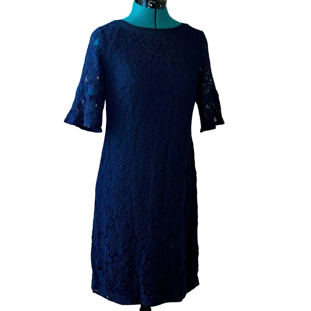 ECI New York Navy Lace Sheath Dress Women 8 | Floral Overlay| Classic Cocktail - Picture 2 of 6